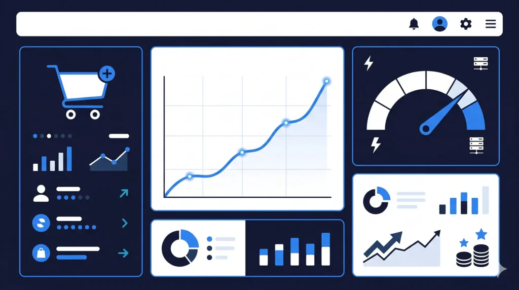 Modern ecommerce optimization dashboard showing sales growth chart, site speed meter, and shopping cart — illustrating key strategies for online store performance in 2026